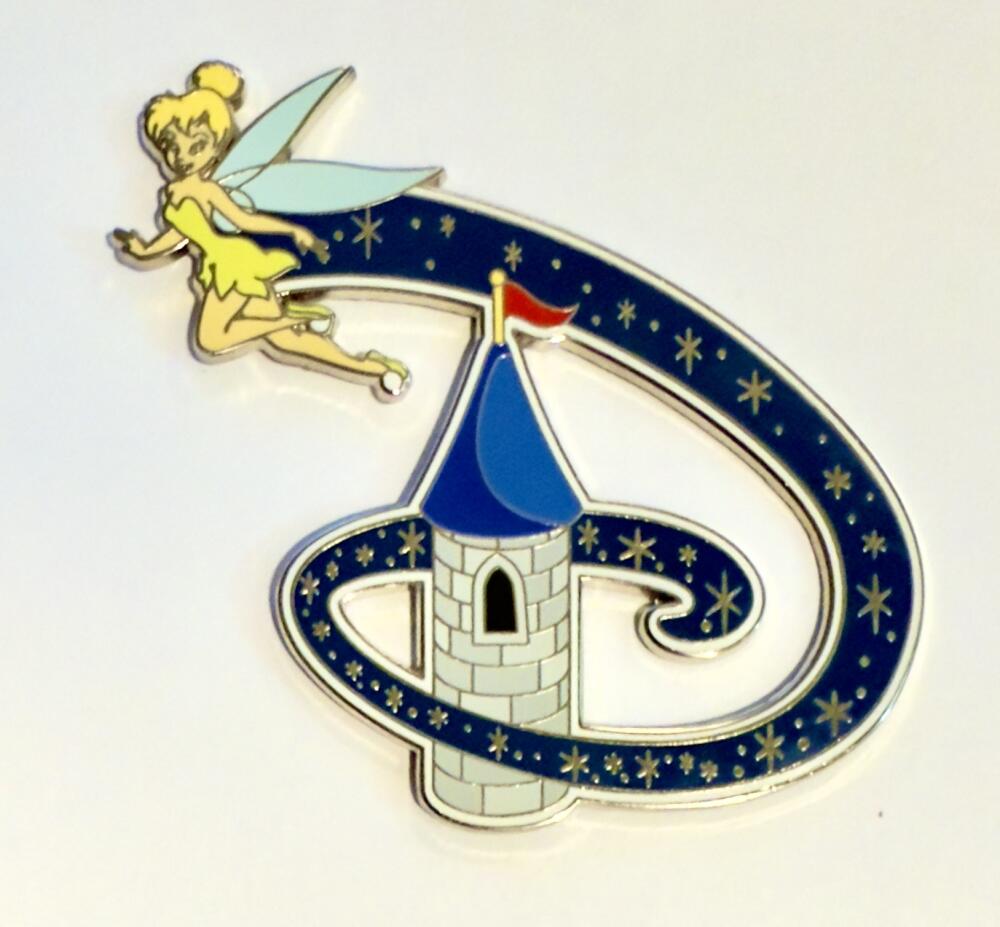Tinker Bell flying over Cinderella Castle featuring the WDW "D"