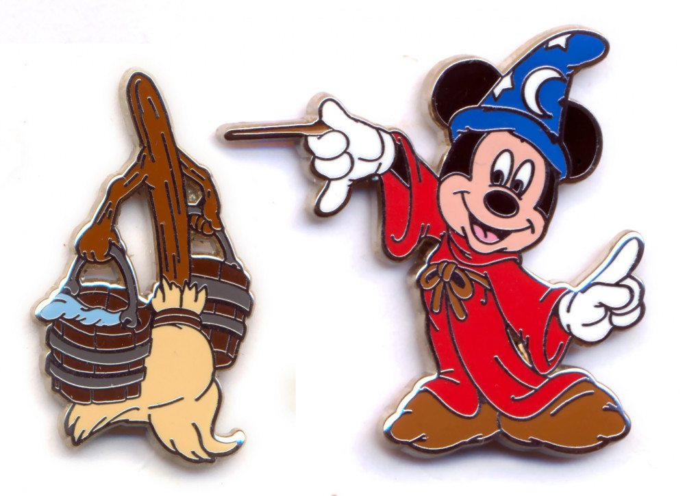 Sorcerer Mickey and Broom 2 pin set - Mickey with a Wand and