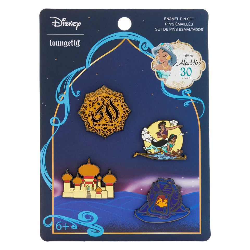 4-Pin Set - 30th Anniversary Logo, Aladdin and Jasmine on Magic Carpet, Cave of Wonders, Jasmine's Palace