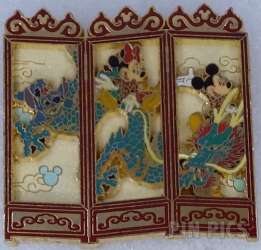 Mickey Minnie and Stitch Riding a Dragon on a Folding Screen