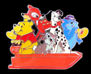Pooh, Bambi, Thumper, Pongo, and Scat Cat on a Red Sled