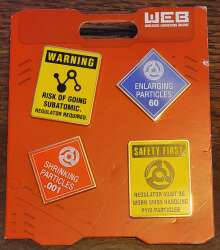 'W.E.B. Worldwide Engineering Brigade - Safety signs 4 pin set Warning, Safety First, Enlargning Particles and Shrinking Particles - DLR'