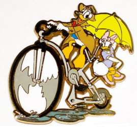 Donald and Daisy Riding a Bicycle in the Rain.