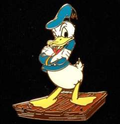 Angry Donald Duck standing on some boards.