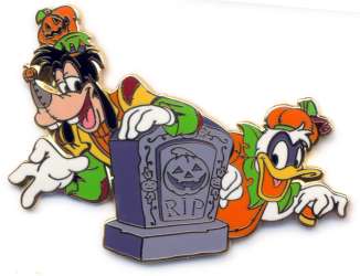 Goofy and Donald Duck Popping out from Behind a Gravestone