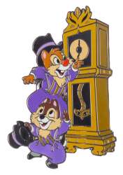 Chip & Dale in Cast Member Costumes with Grandfather Clock
