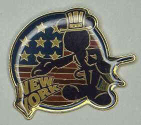 Silhouette of Mickey in front of American Flag and words New York